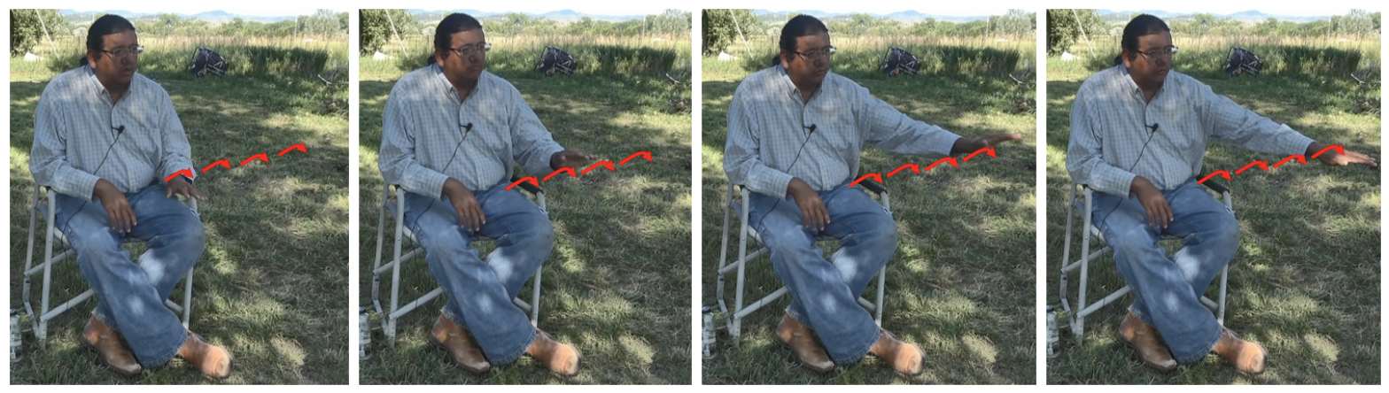 Annotated stills from a video recording of Jack Real Bird’s co-speech gestures during a linguistic elicitation session.